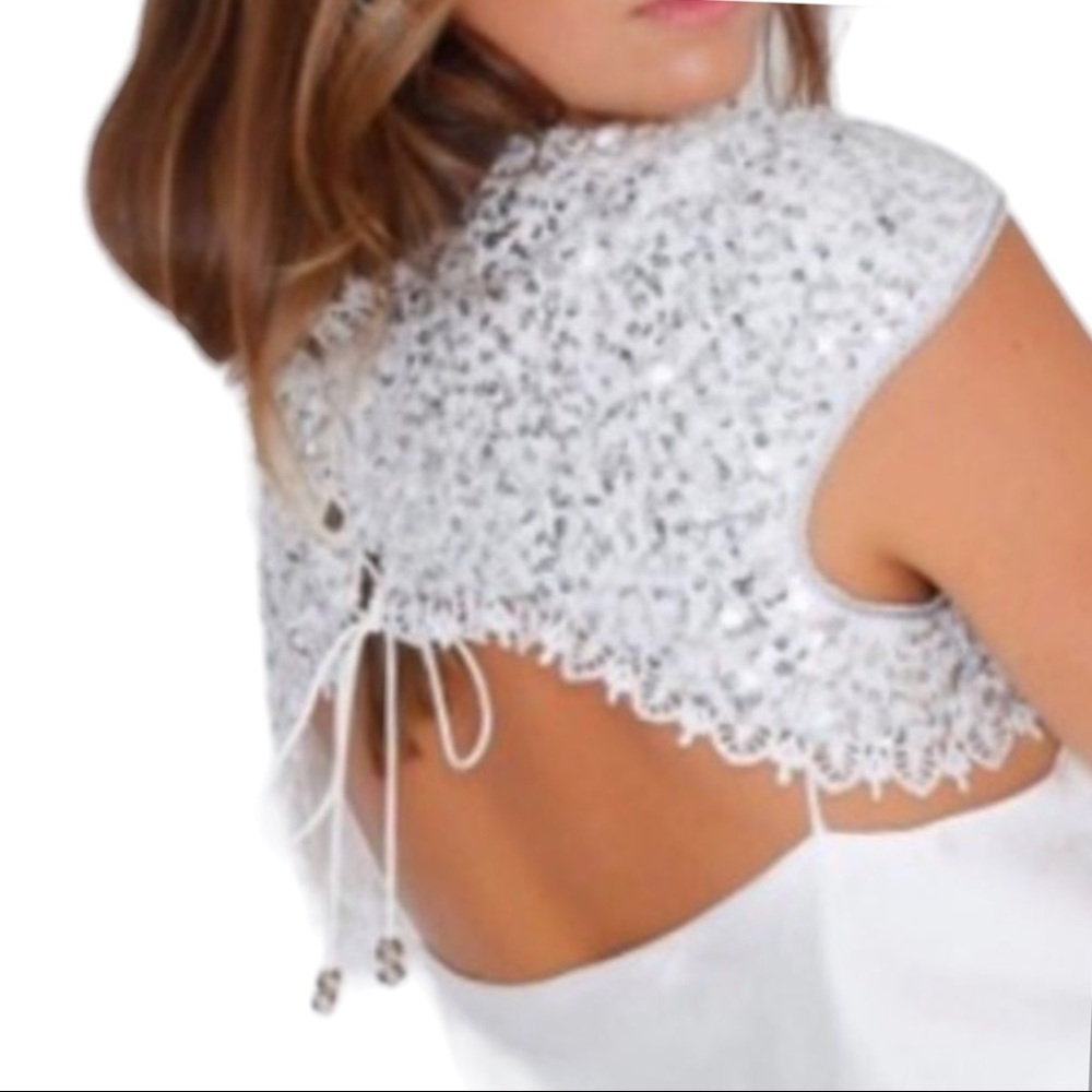 IXIAH x Free People Lacuna Sequin 4 | Sm Silver White Lace Overpiece Tie Top - Picture 13 of 13